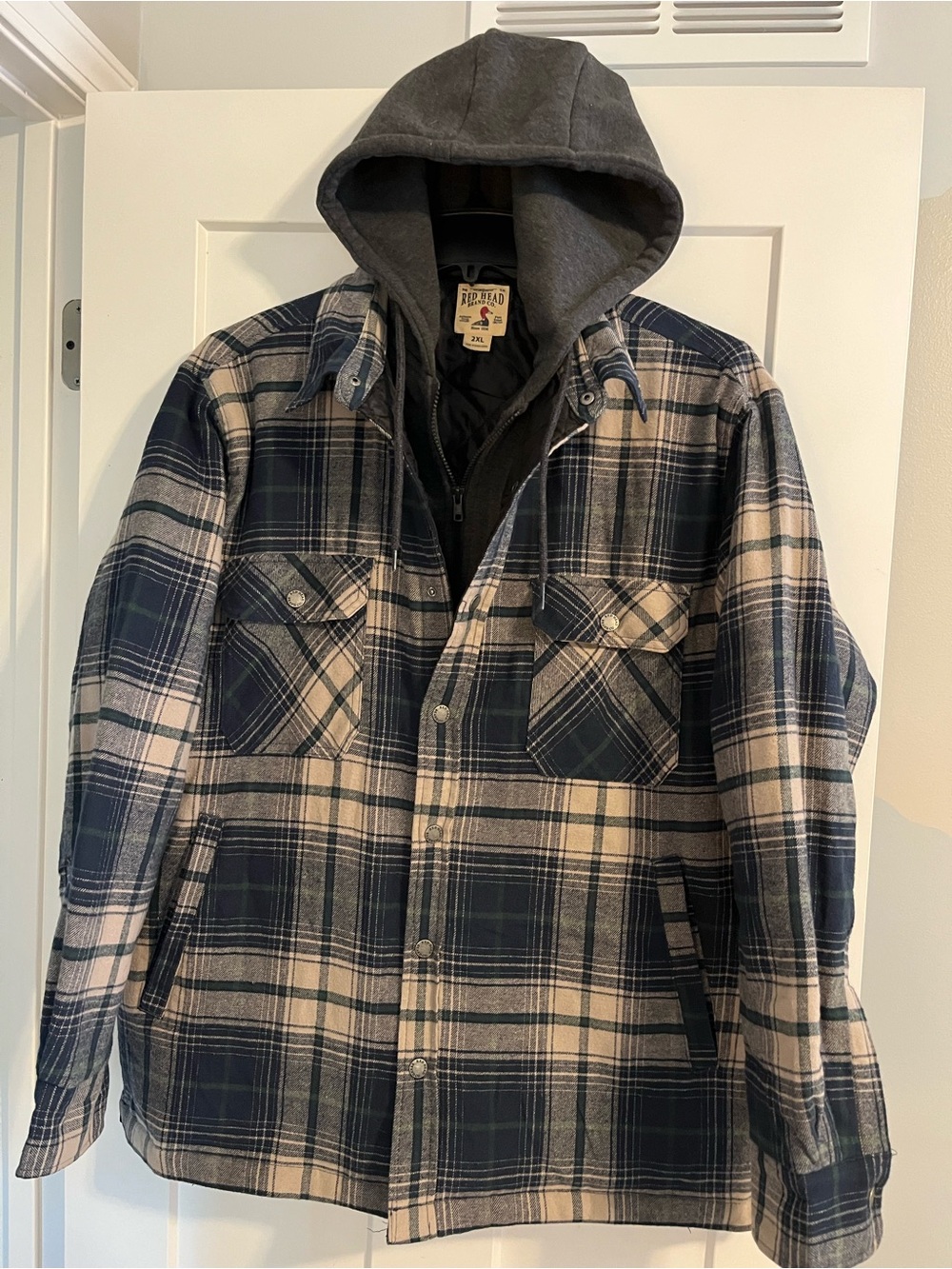 RedHead Men's Navy & Light Brown Plaid Shirt Jacket with Gray Hood